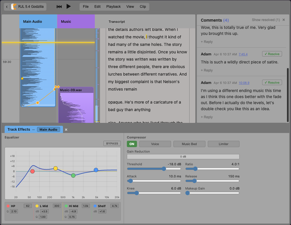 Screenshot of Ducking — waveform timeline, transcript pane, history panel, two cursors on different clips